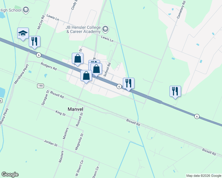 map of restaurants, bars, coffee shops, grocery stores, and more near 20310 Highway 6 in Manvel