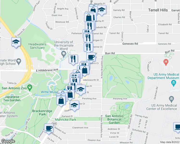 map of restaurants, bars, coffee shops, grocery stores, and more near 4306 Broadway in San Antonio