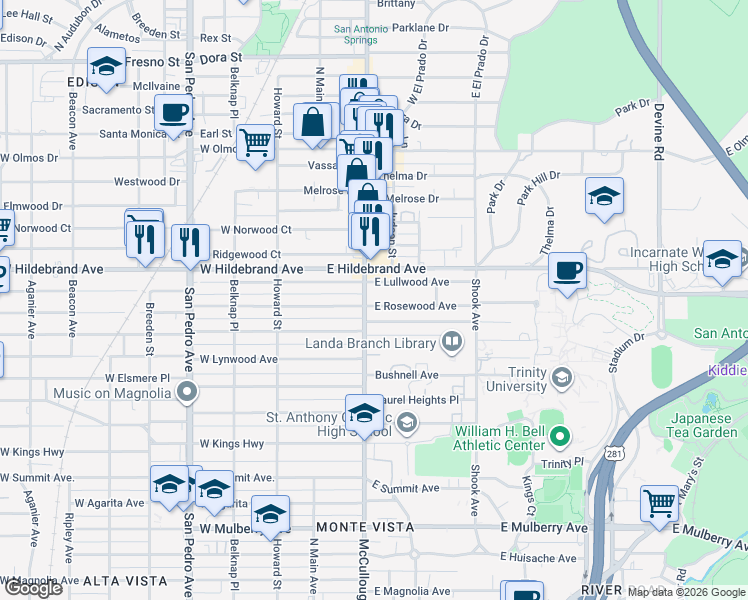 map of restaurants, bars, coffee shops, grocery stores, and more near 206a East Lullwood Avenue in San Antonio