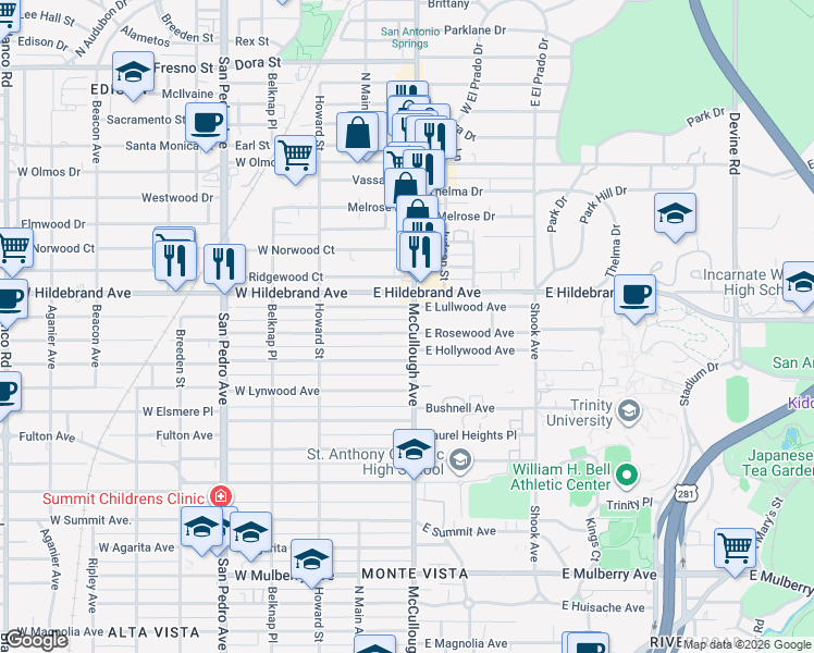 map of restaurants, bars, coffee shops, grocery stores, and more near in San Antonio
