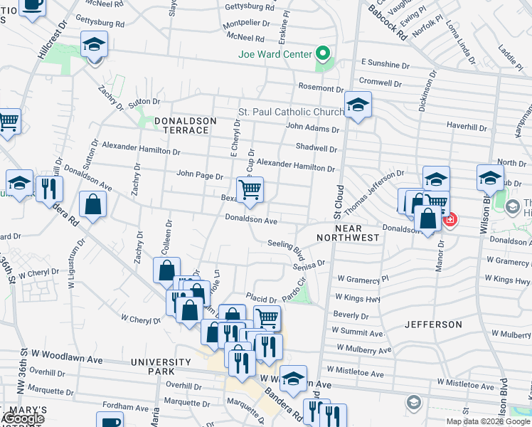 map of restaurants, bars, coffee shops, grocery stores, and more near 249 Bexar Drive in San Antonio