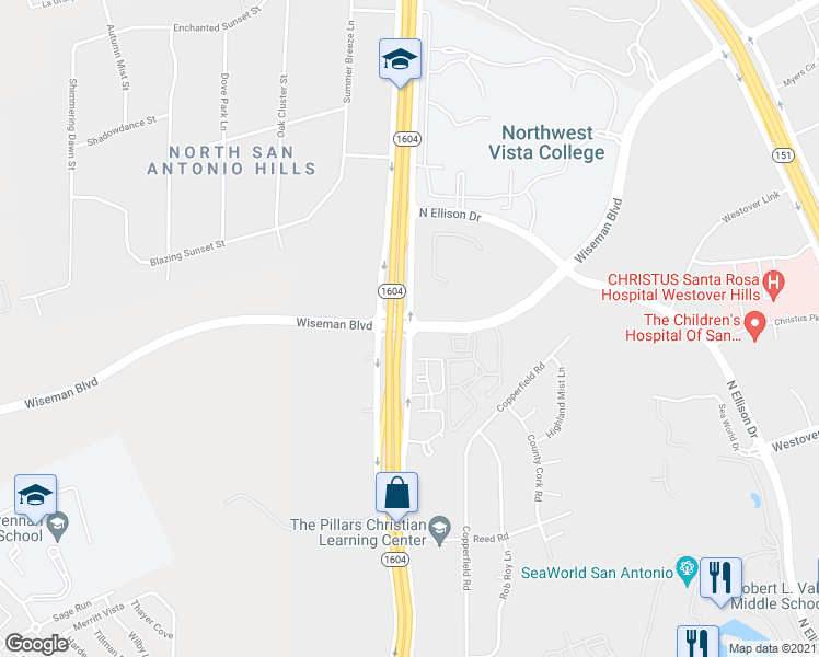 map of restaurants, bars, coffee shops, grocery stores, and more near Rte 1604 Loop & Wiseman Blvd in San Antonio