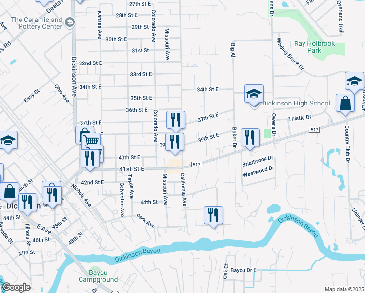 map of restaurants, bars, coffee shops, grocery stores, and more near 3909 California Ave in Dickinson