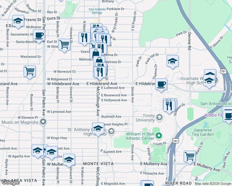 map of restaurants, bars, coffee shops, grocery stores, and more near 247 East Lullwood Avenue in San Antonio