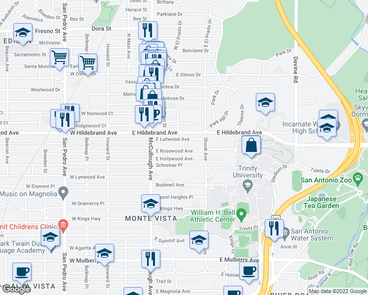 map of restaurants, bars, coffee shops, grocery stores, and more near 273 East Rosewood Avenue in San Antonio