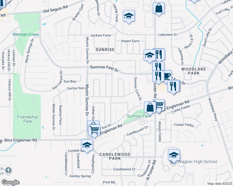 map of restaurants, bars, coffee shops, grocery stores, and more near 4110 Sunrise Creek Drive in San Antonio