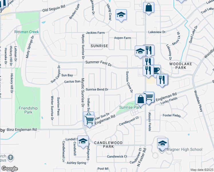 map of restaurants, bars, coffee shops, grocery stores, and more near 4110 Sunrise Creek Drive in San Antonio