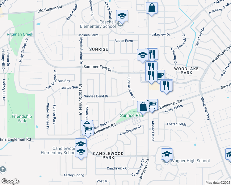 map of restaurants, bars, coffee shops, grocery stores, and more near 4131 Sunrise Terrace Drive in San Antonio