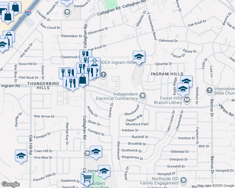 map of restaurants, bars, coffee shops, grocery stores, and more near 5803 Ingram Road in San Antonio