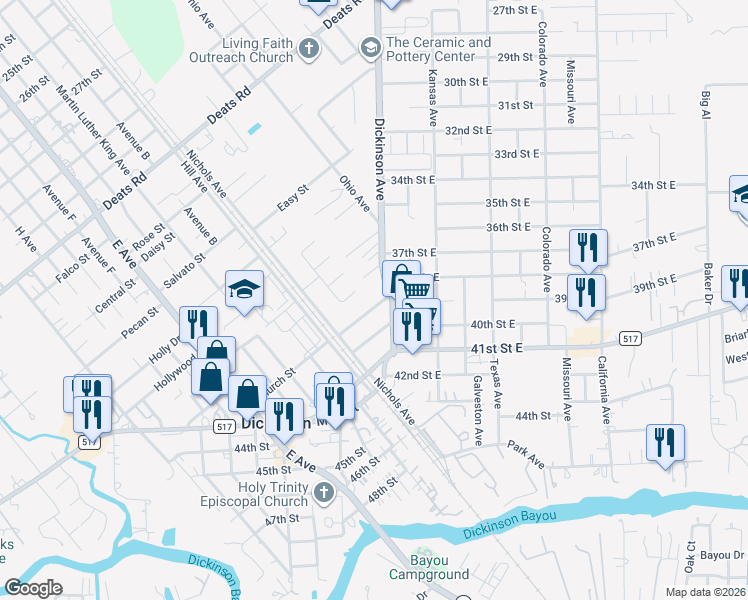 map of restaurants, bars, coffee shops, grocery stores, and more near 4031 Blueberry Court in Dickinson