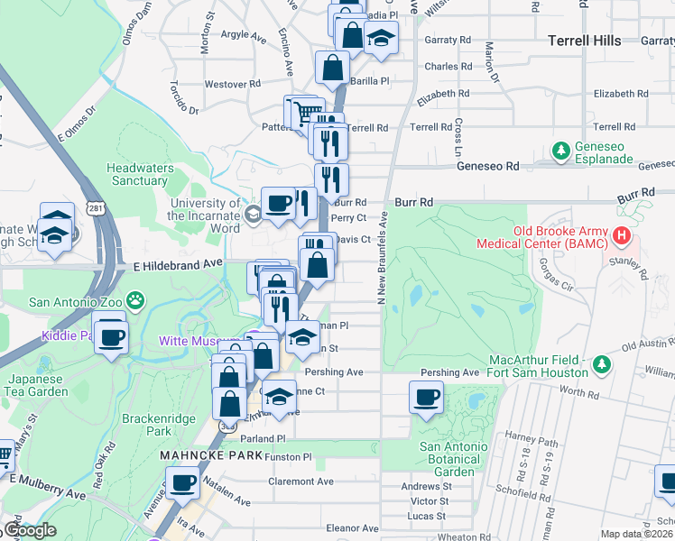 map of restaurants, bars, coffee shops, grocery stores, and more near 4306 Broadway in San Antonio