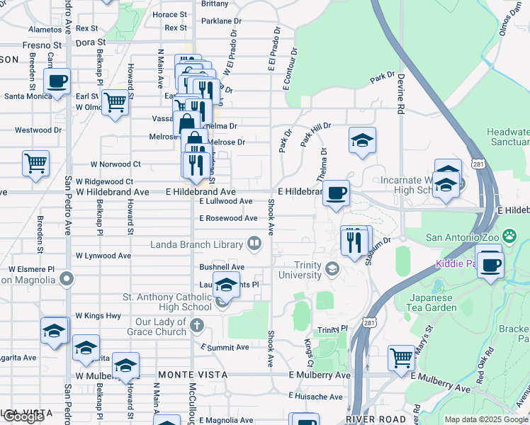 map of restaurants, bars, coffee shops, grocery stores, and more near 100 Park Hill Drive in San Antonio