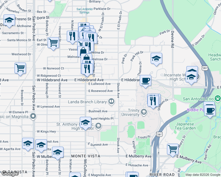 map of restaurants, bars, coffee shops, grocery stores, and more near 302 East Lullwood Avenue in San Antonio