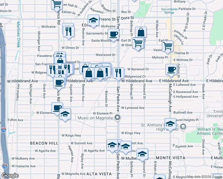 map of restaurants, bars, coffee shops, grocery stores, and more near 440 West Hildebrand Avenue in San Antonio