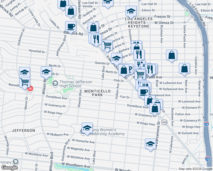 map of restaurants, bars, coffee shops, grocery stores, and more near 234 Club Drive in San Antonio