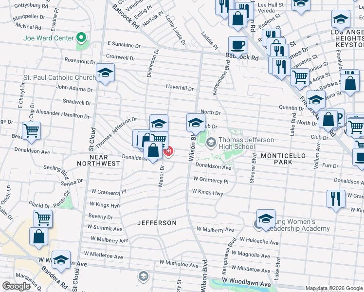 map of restaurants, bars, coffee shops, grocery stores, and more near 116 Alexander Hamilton Drive in San Antonio