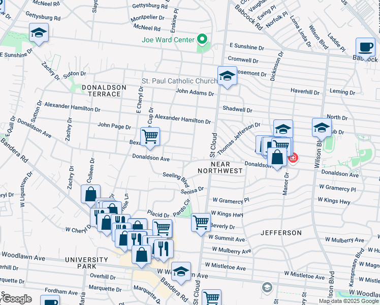 map of restaurants, bars, coffee shops, grocery stores, and more near 211 Bexar Drive in San Antonio