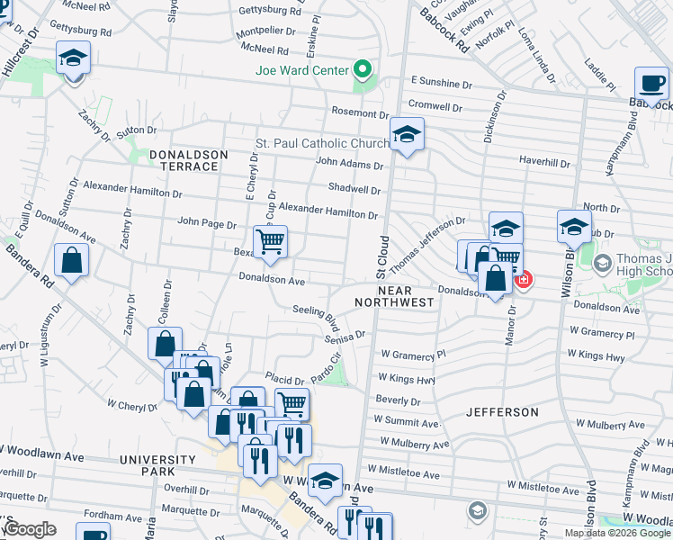 map of restaurants, bars, coffee shops, grocery stores, and more near 211 Bexar Drive in San Antonio