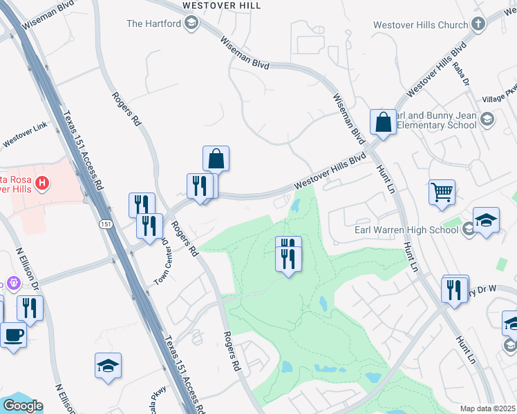 map of restaurants, bars, coffee shops, grocery stores, and more near 9738 Westover Hills Boulevard in San Antonio