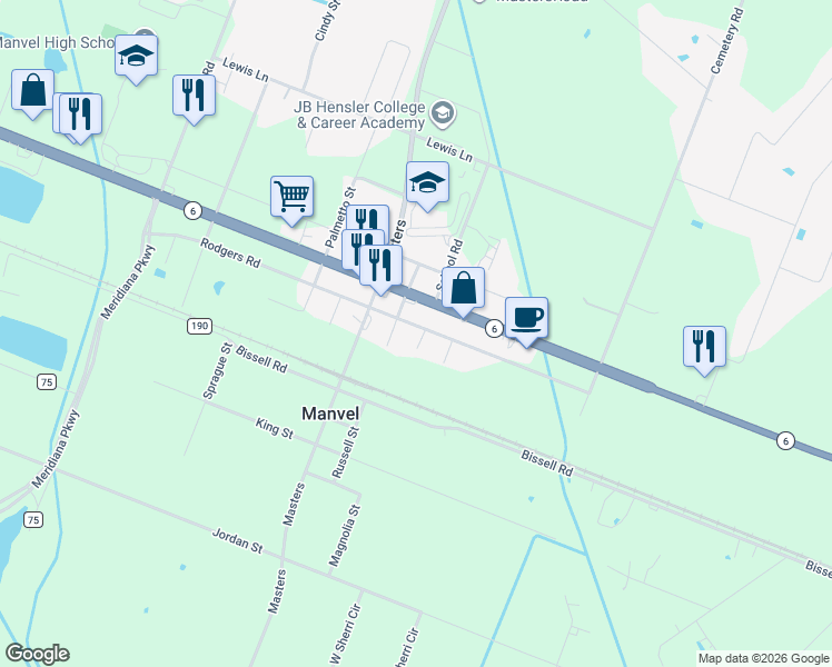 map of restaurants, bars, coffee shops, grocery stores, and more near 7342 Rodgers Road in Manvel