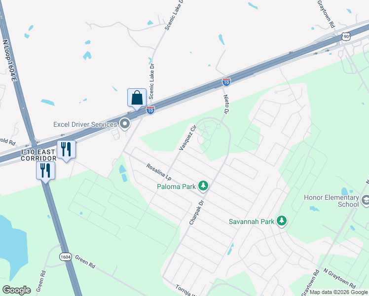 map of restaurants, bars, coffee shops, grocery stores, and more near 4331 Vasquez Circle in Converse