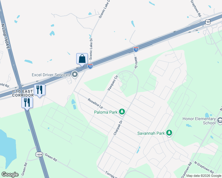 map of restaurants, bars, coffee shops, grocery stores, and more near 4331 Vasquez Circle in Converse