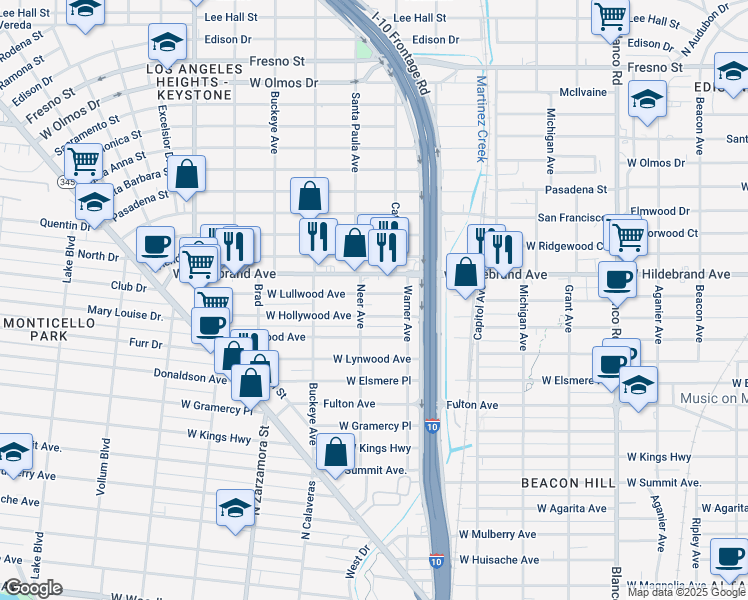 map of restaurants, bars, coffee shops, grocery stores, and more near 1343 West Lullwood Avenue in San Antonio