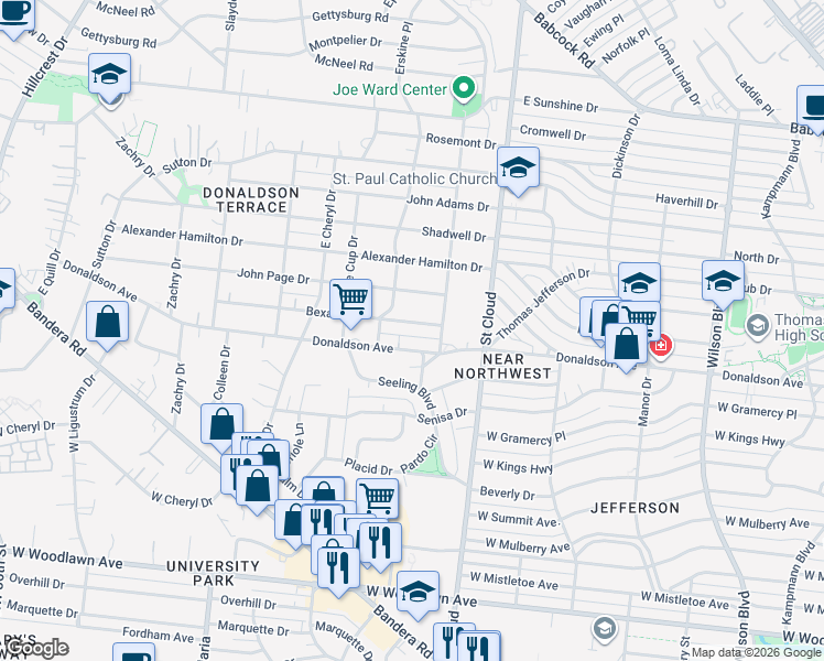 map of restaurants, bars, coffee shops, grocery stores, and more near 211 Bexar Drive in San Antonio