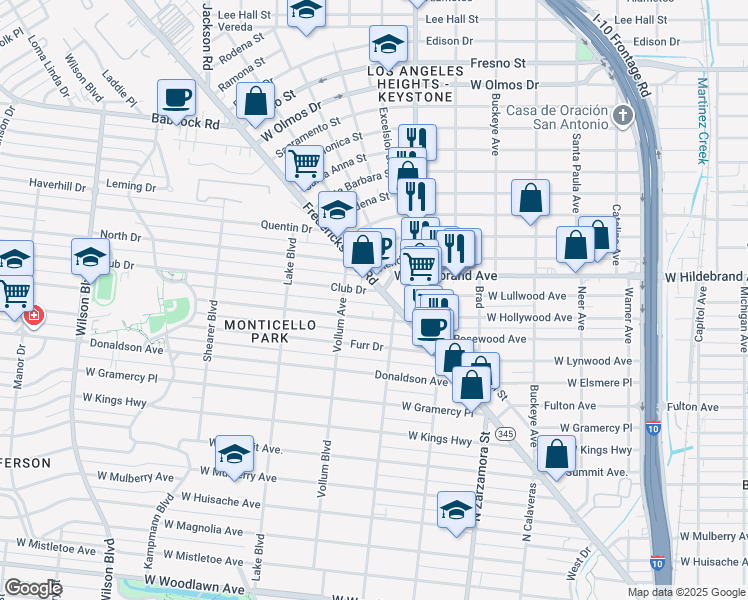 map of restaurants, bars, coffee shops, grocery stores, and more near 102 Club Drive in San Antonio