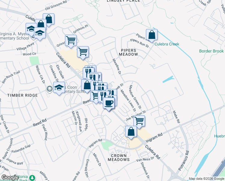 map of restaurants, bars, coffee shops, grocery stores, and more near 7731 Pipers Creek Street in San Antonio