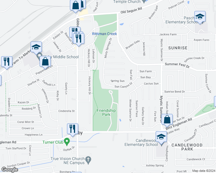 map of restaurants, bars, coffee shops, grocery stores, and more near 5707 Sun Canyon Drive in San Antonio