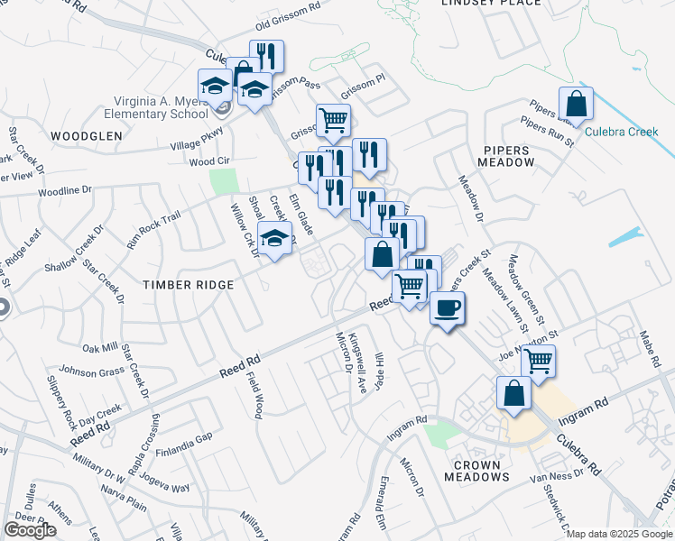 map of restaurants, bars, coffee shops, grocery stores, and more near 8200 Micron Drive in San Antonio