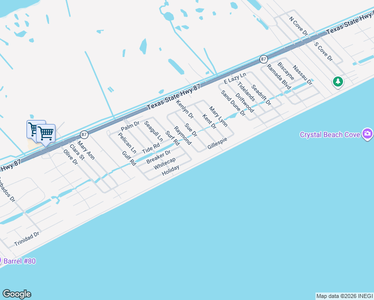map of restaurants, bars, coffee shops, grocery stores, and more near 937 Raymond in Bolivar Peninsula