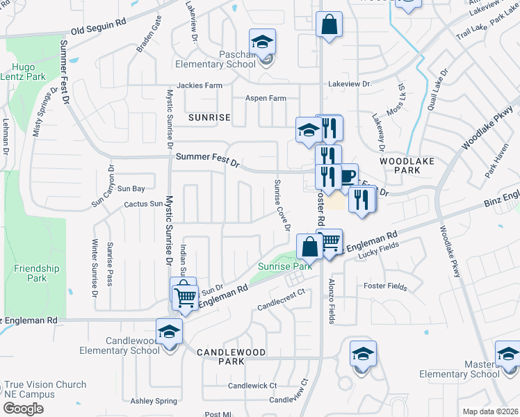 map of restaurants, bars, coffee shops, grocery stores, and more near 4109 Sunrise Cove Drive in San Antonio