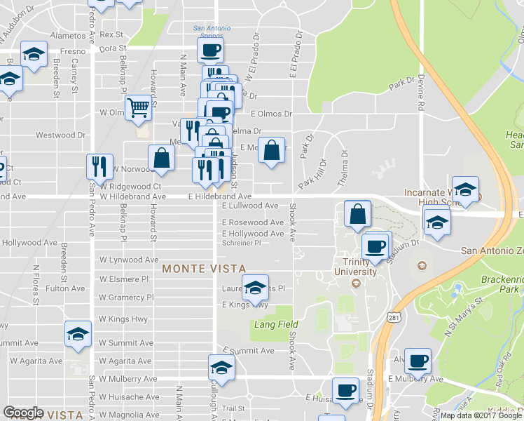 map of restaurants, bars, coffee shops, grocery stores, and more near 302 East Lullwood Avenue in San Antonio