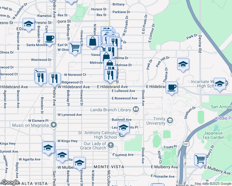 map of restaurants, bars, coffee shops, grocery stores, and more near 206a East Lullwood Avenue in San Antonio