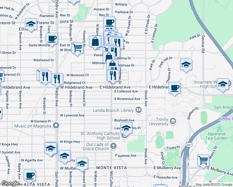 map of restaurants, bars, coffee shops, grocery stores, and more near 206a East Lullwood Avenue in San Antonio