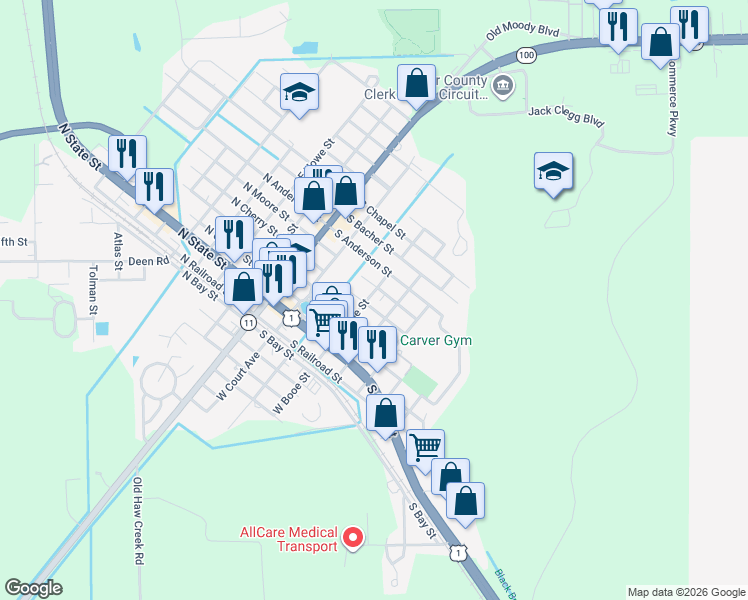 map of restaurants, bars, coffee shops, grocery stores, and more near 404 East Booe Street in Bunnell