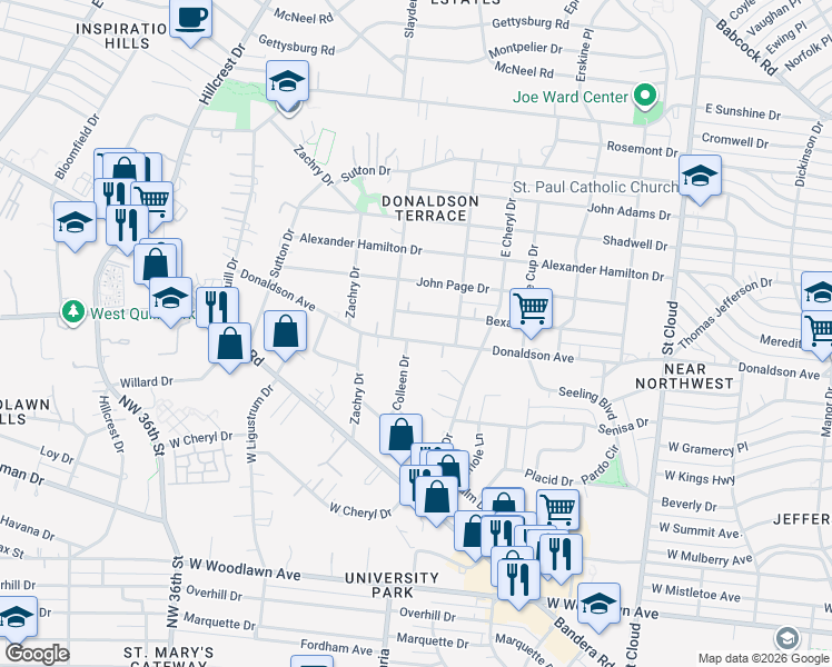 map of restaurants, bars, coffee shops, grocery stores, and more near 634 Bexar Drive in San Antonio