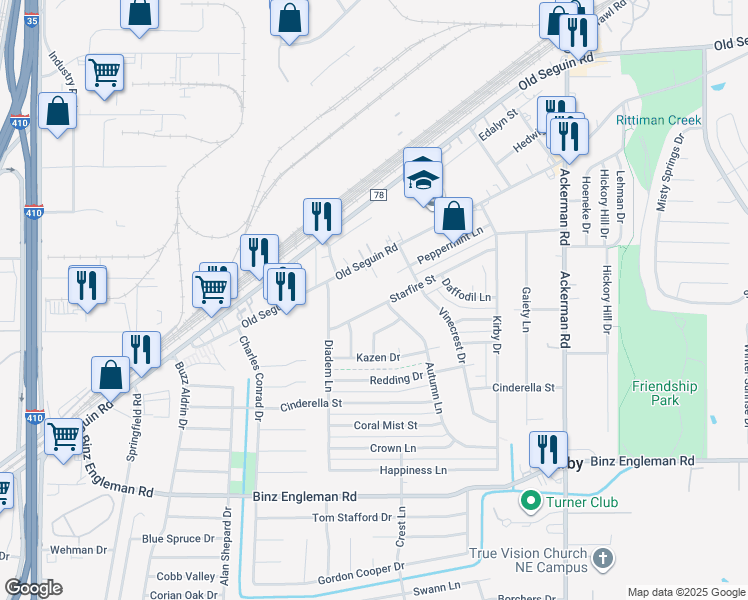 map of restaurants, bars, coffee shops, grocery stores, and more near 5115 Starfire Street in Kirby
