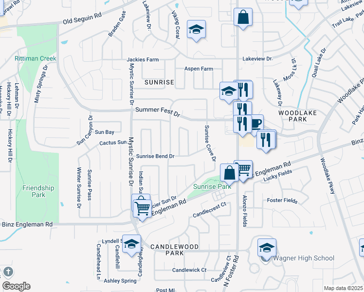 map of restaurants, bars, coffee shops, grocery stores, and more near 4131 Sunrise Terrace Drive in San Antonio