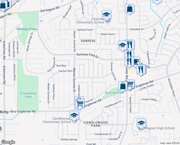 map of restaurants, bars, coffee shops, grocery stores, and more near 4110 Sunrise Creek Drive in San Antonio