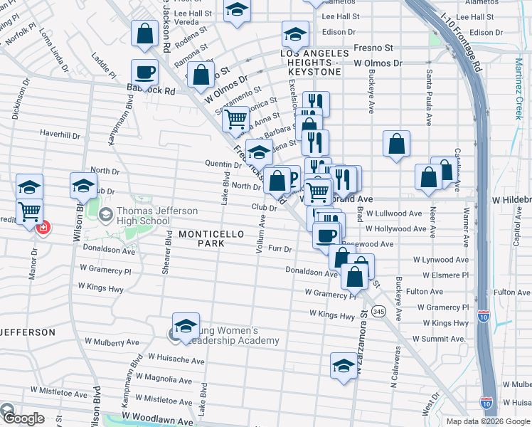 map of restaurants, bars, coffee shops, grocery stores, and more near 141 Club Drive in San Antonio