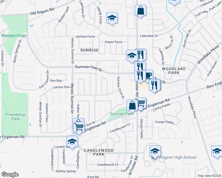 map of restaurants, bars, coffee shops, grocery stores, and more near 4109 Sunrise Cove Drive in San Antonio