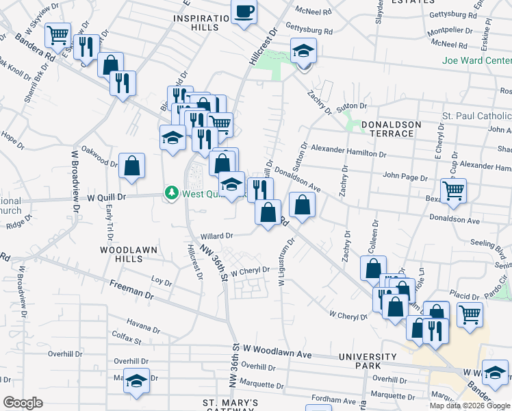 map of restaurants, bars, coffee shops, grocery stores, and more near 1427 Bandera Road in San Antonio