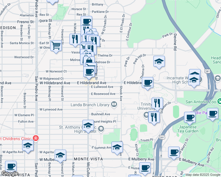 map of restaurants, bars, coffee shops, grocery stores, and more near 302 East Lullwood Avenue in San Antonio