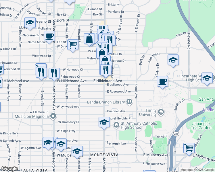 map of restaurants, bars, coffee shops, grocery stores, and more near 206a East Lullwood Avenue in San Antonio