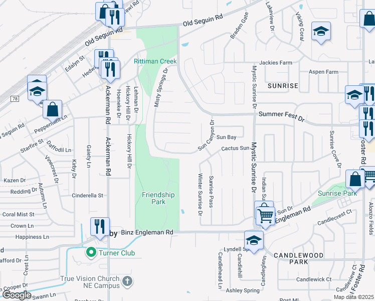 map of restaurants, bars, coffee shops, grocery stores, and more near 5758 Spring Sun in San Antonio
