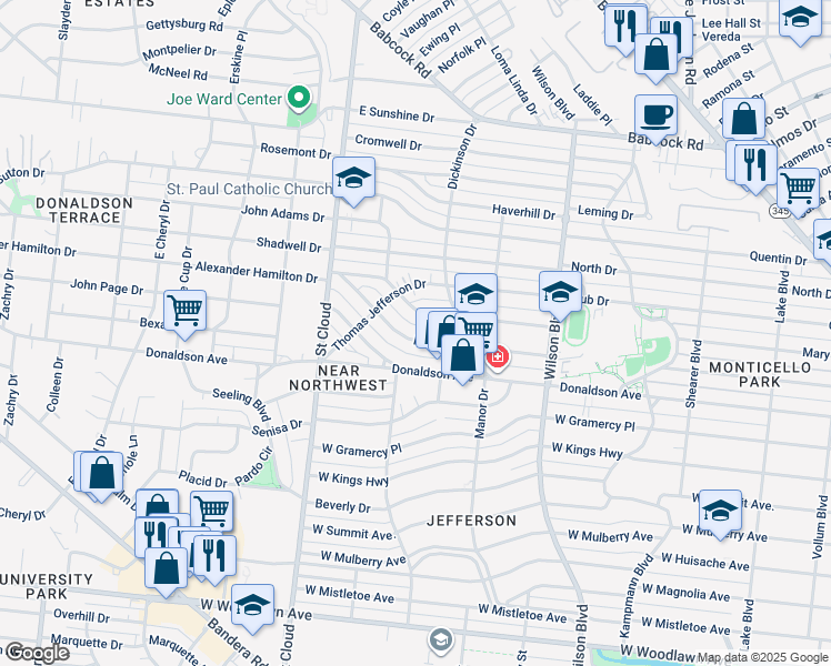 map of restaurants, bars, coffee shops, grocery stores, and more near 353 Meredith Drive in San Antonio