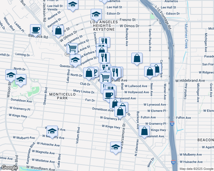 map of restaurants, bars, coffee shops, grocery stores, and more near 2118 Fredericksburg Road in San Antonio